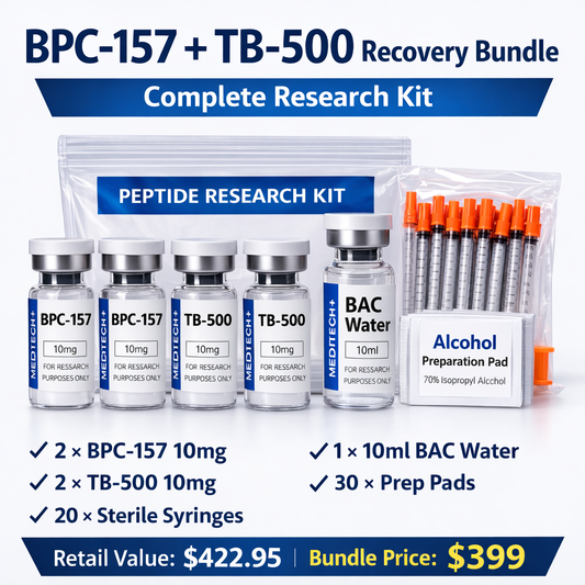 BPC-157 + TB-500 Recovery Bundle=  2× BPC-157 10mg, 2× TB-500 10mg , 1 × BAC Water 10ml, 20 × Insulin Syringes, 30 × Alcohol Prep Pads