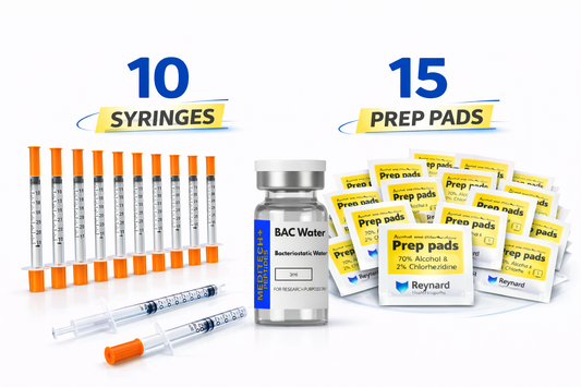 Peptide Research Starter Bundle – 10 Syringes, 15 Alcohol Prep Pads, 3ml BAC Water