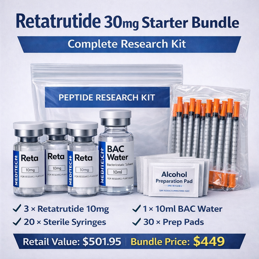 Retatrutide 30mg Starter Bundle = 3x Reta 10mg, 1x Bac Water 10ml, 20 Syringes, 30x Swabs