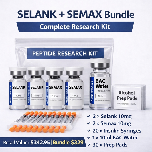 Selank + Semax Cognitive Research Bundle= 2x Selank 10mg, 2x Semax 10mg, 1x Bac Water 10ml, 20x Sterile Syringes, 30x Alcohol Prep Pads
